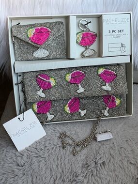 Rachel Zoe Pink and Silver Beaded Clutch Set with Cocktail Charm